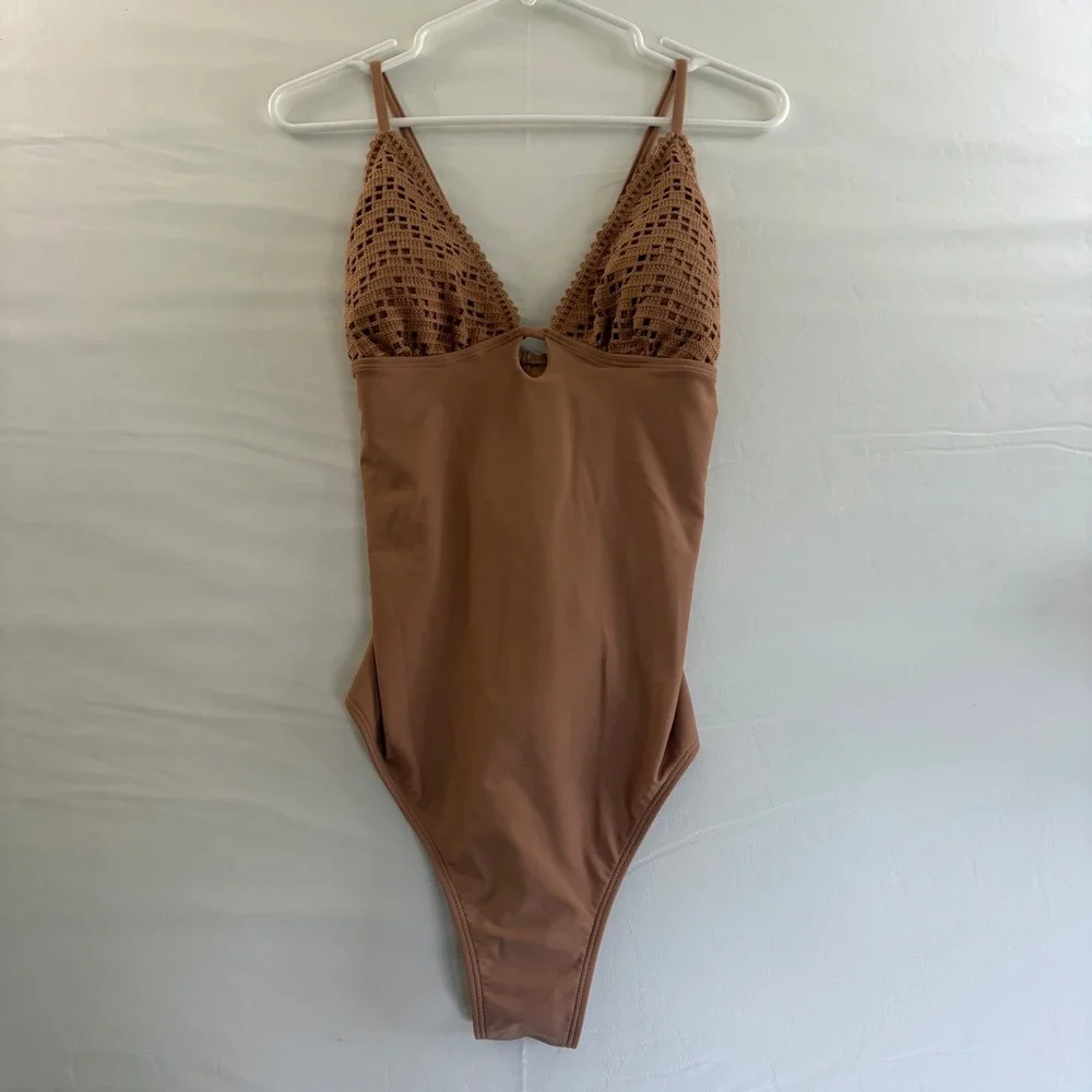 Shade‎ & Shore Women Brown Crochet High Leg Cheeky One Piece Swimsuit Large NEW